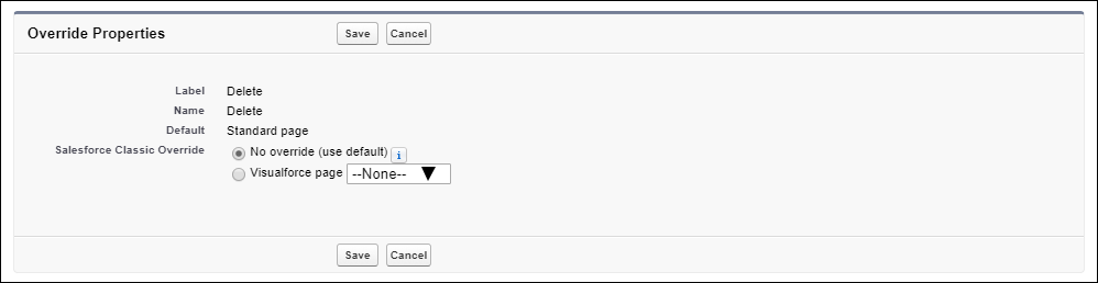 Override properties for delete action