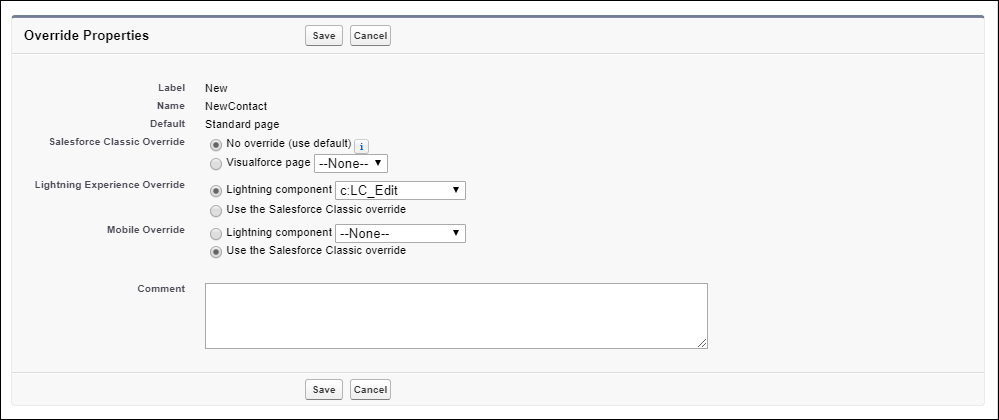 Override properties for new action