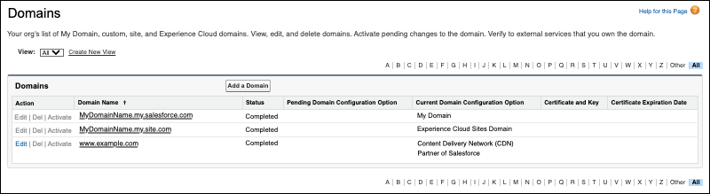 La lista Dominios en Configuración.