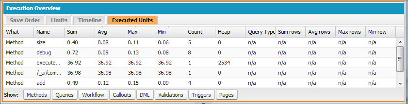 Log Inspector Executed Units tab
