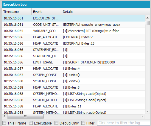 Developer Console, execution log filtering controls