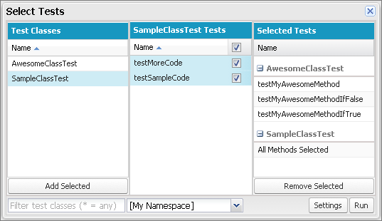 Select Tests window