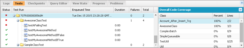 Developer Console Tests tab