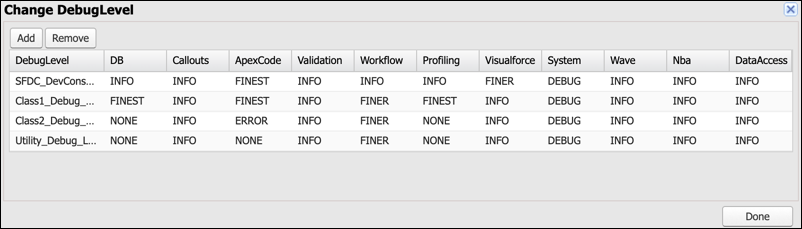La ventana Cambiar nivel de depuración en Developer Console, donde puede crear y modificar perfiles a nivel de registro de depuración.
