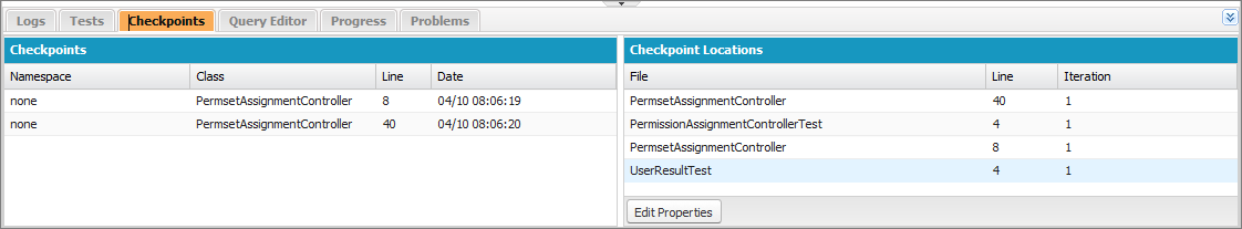 開発者コンソールの [Checkpoints (チェックポイント)] タブ