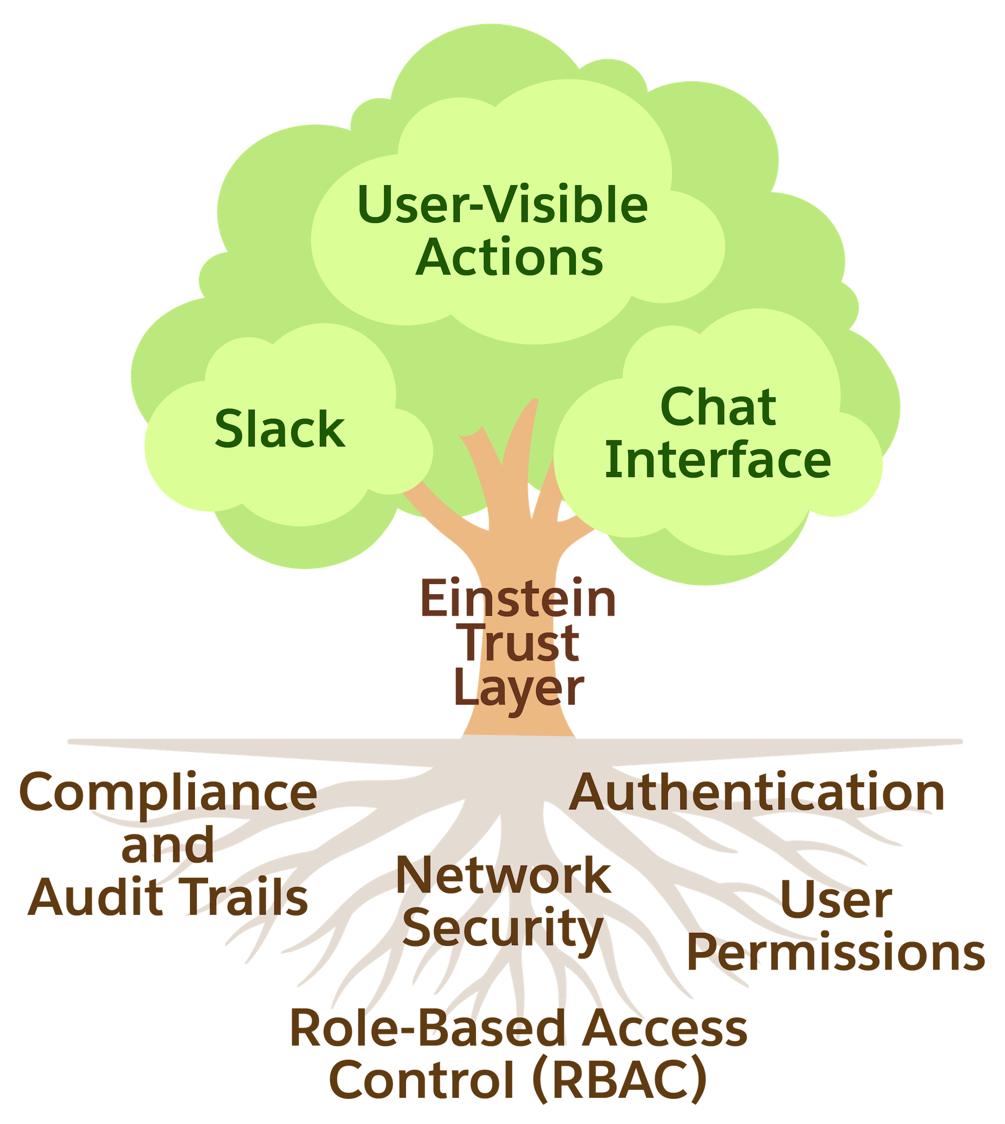 Visual diagram of a tree with branches representing Slack and others, the trunk the Einstein Trust Layer, and the roots things like permissions and security.