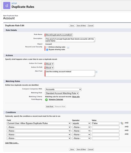 Example of a duplicate rule with a bypass condition