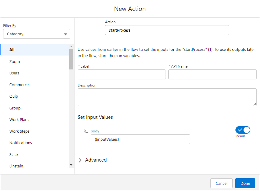 Ny handlingsdialogboks for startProcess-handling