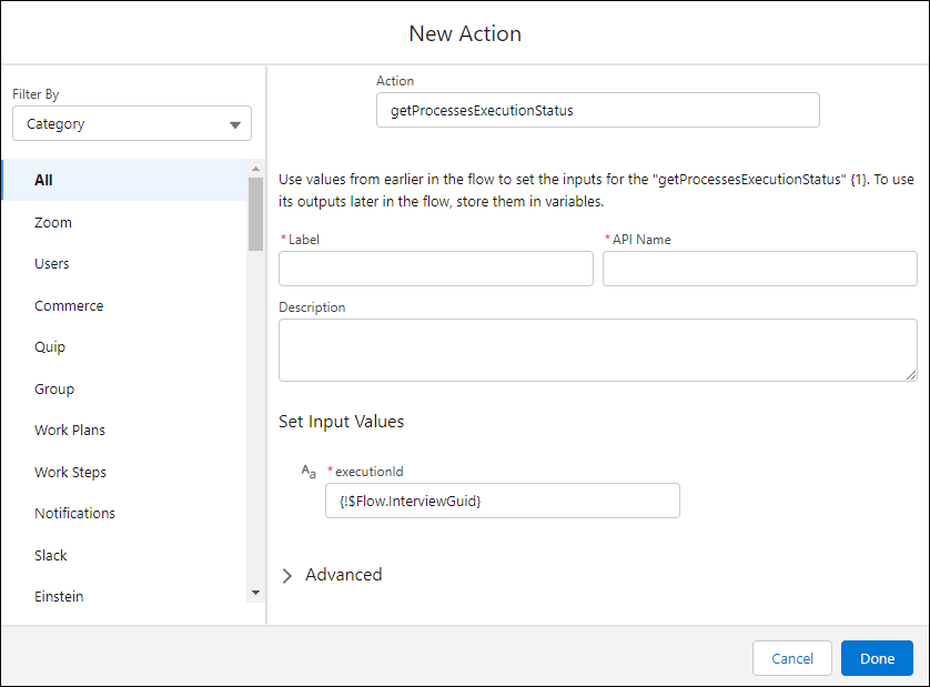Ny handlingsdialogboks for getProcessExecutionStatus-dialogboks