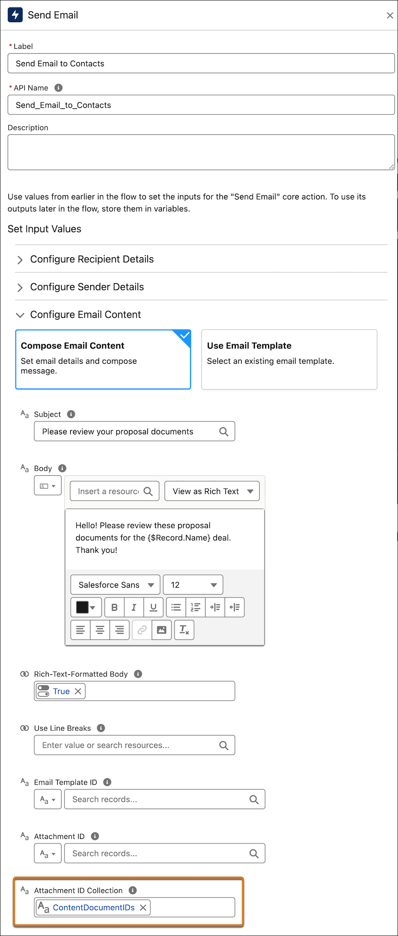 Die Aktion "E-Mail senden", die einen Rich-Text-Text und eine Anhangs-ID-Sammlungsvariable enthält.