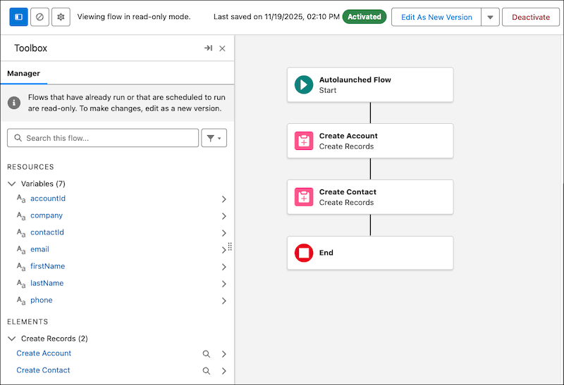 Automatisch gestarteter Flow, der einen Account und einen Kontakt erstellt