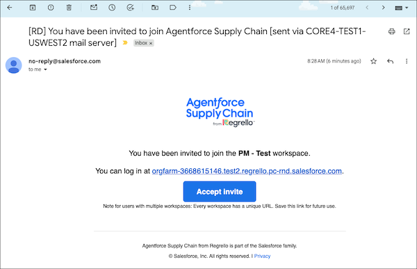 Welcome email to log in to Agentforce Supply Chain