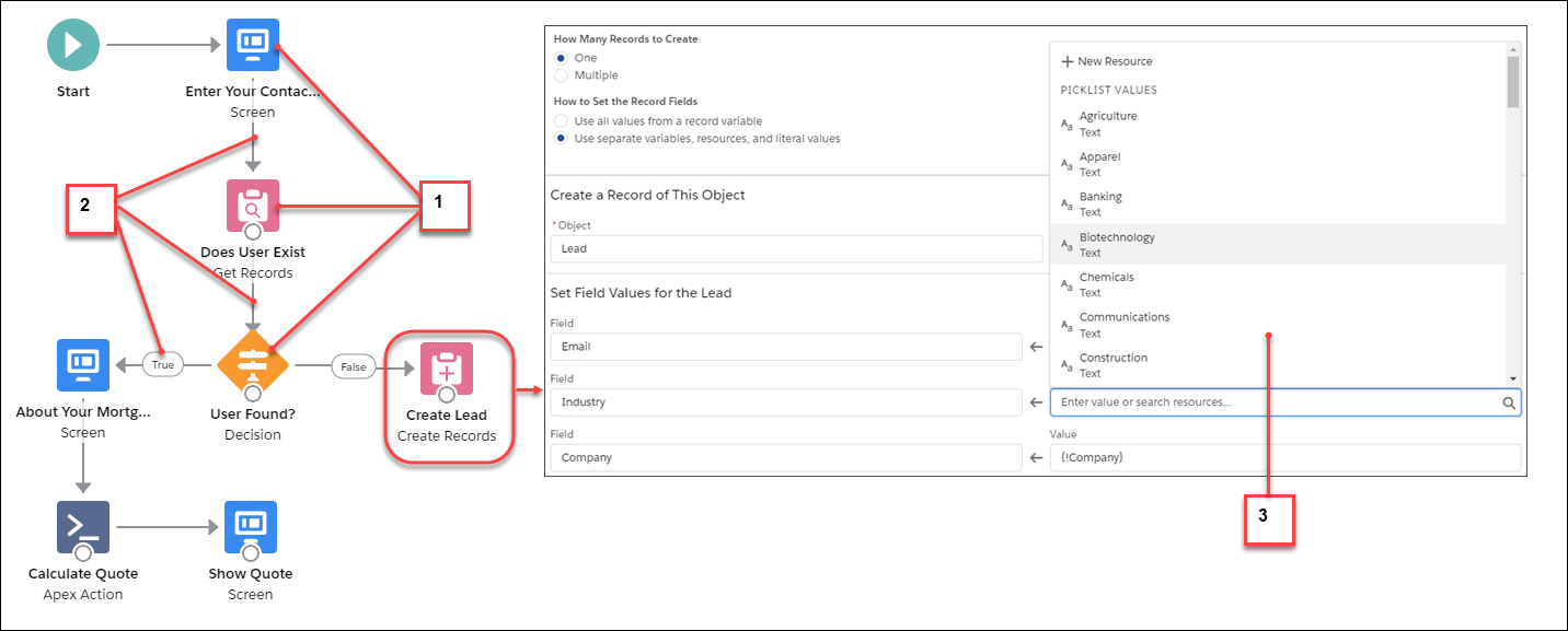 Elements, connectors, and resources in a flow