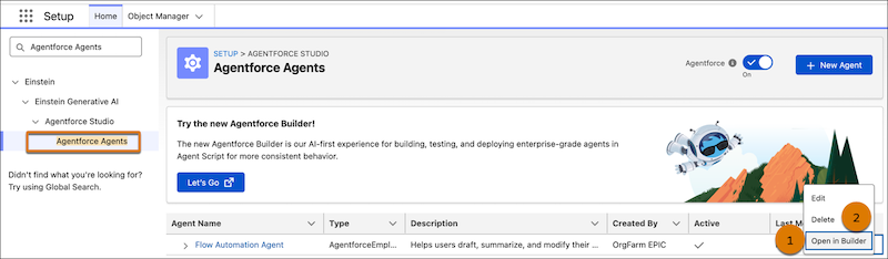The Open in Builder and Delete options on the Agentforce Agents page in Setup