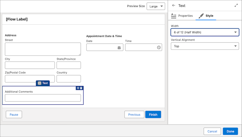 The Style tab in the screen properties editor, where the width of the Address component is 6 or 12 (Half Width)