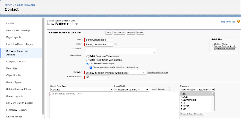 An open custom list button configuration window showing the selections described previously