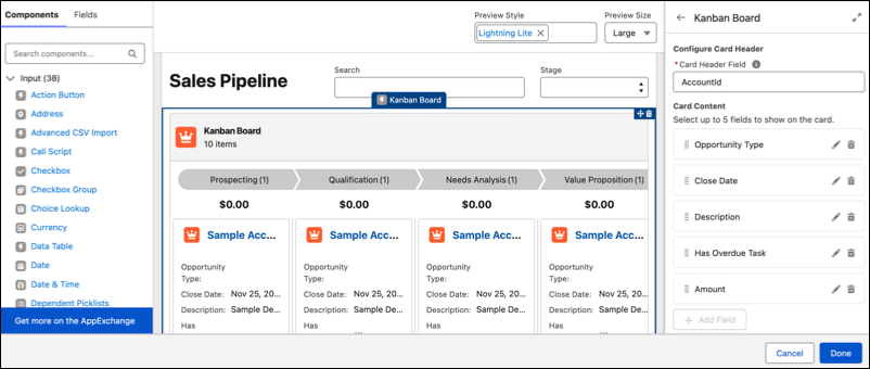 Kanban board screen component configuration