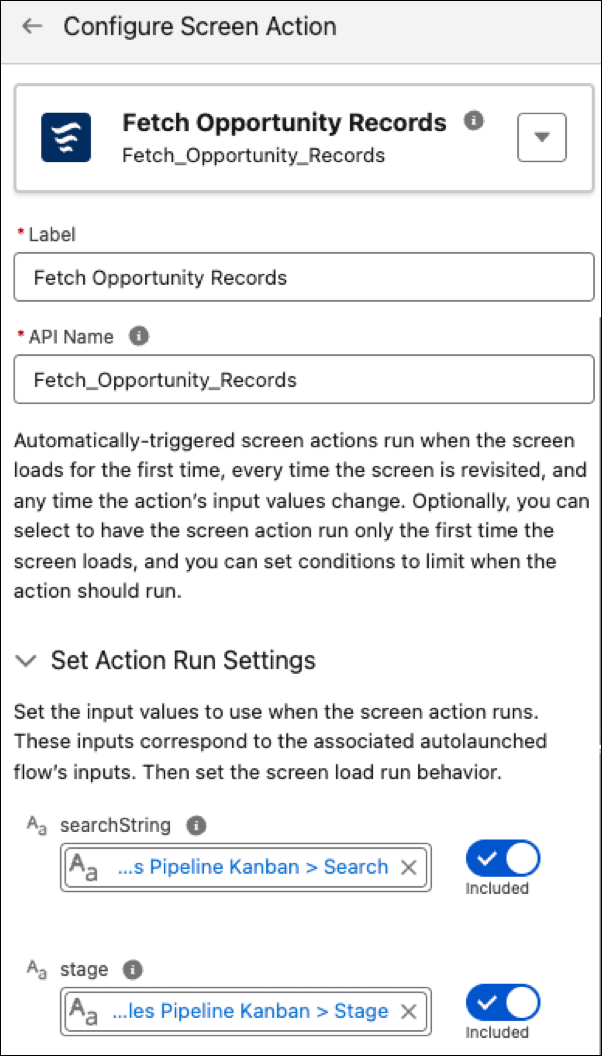Screen action configuration