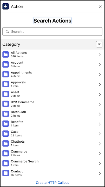 Una lista de categorías de acción en el elemento Acción.