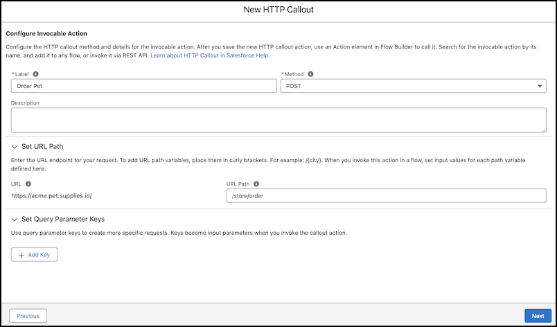 Configuración de llamada HTTP