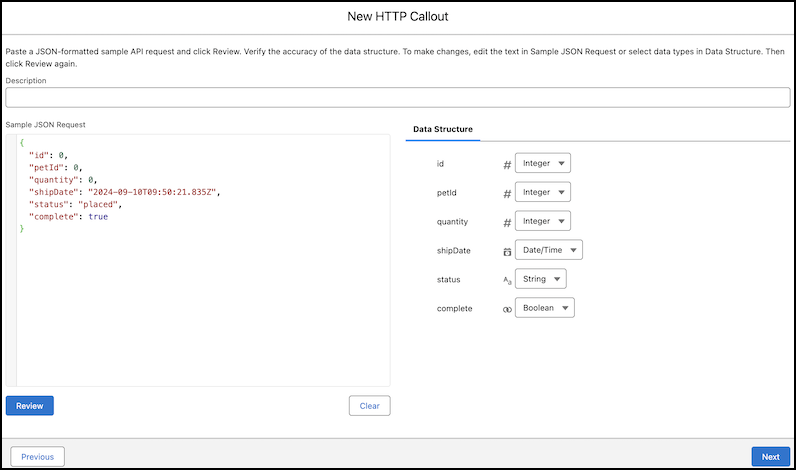 Configuración de solicitud JSON de muestra