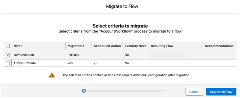 Migrar a pantalla de flujo con criterios seleccionados.