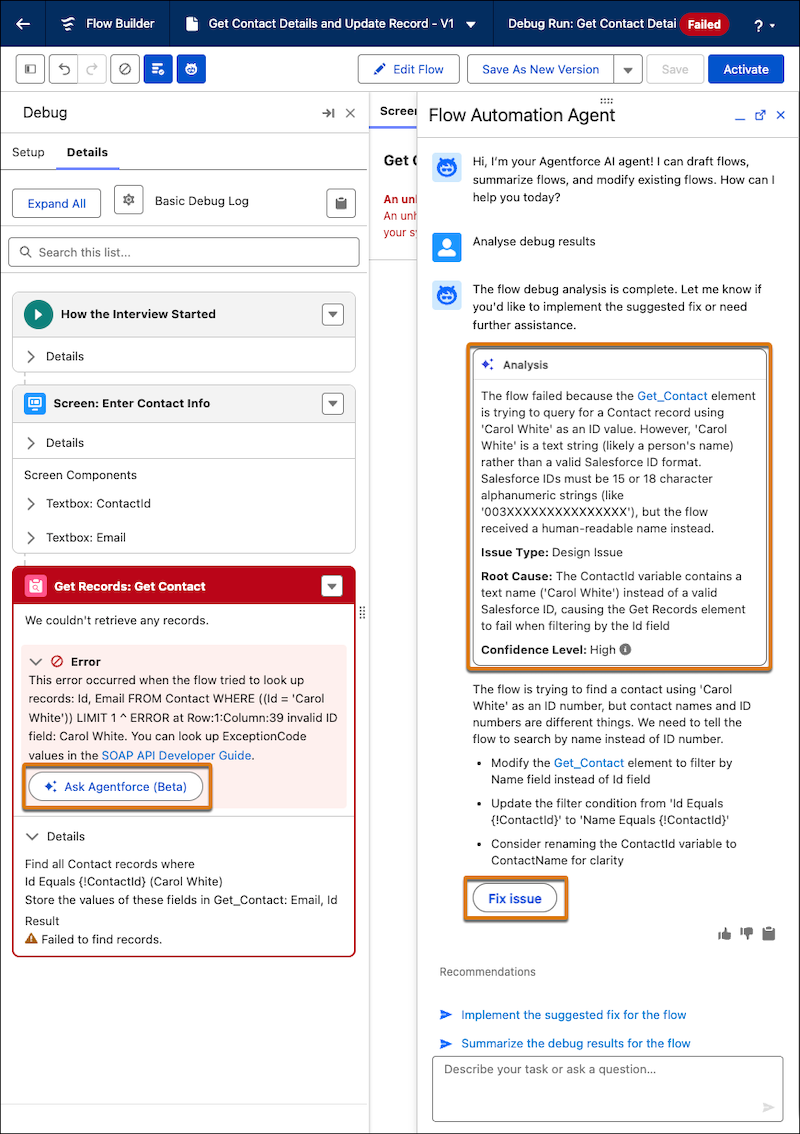 El botón Ask Agentforce (Beta) en la ventana Detalles de depuración