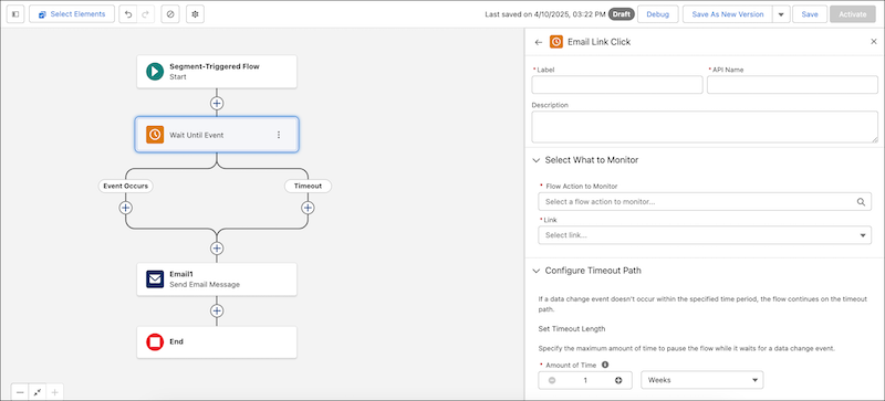 El panel de configuración del elemento Esperar hasta evento se abre en el evento Clic de vínculo de email.