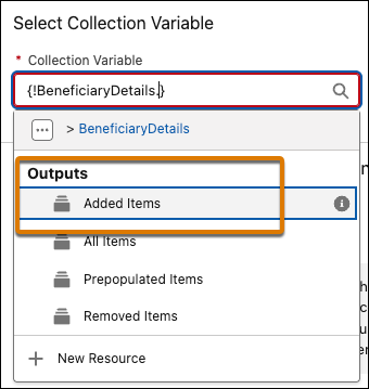 Ajout d'éléments sélectionnés sous Sorties pour la variable de collection