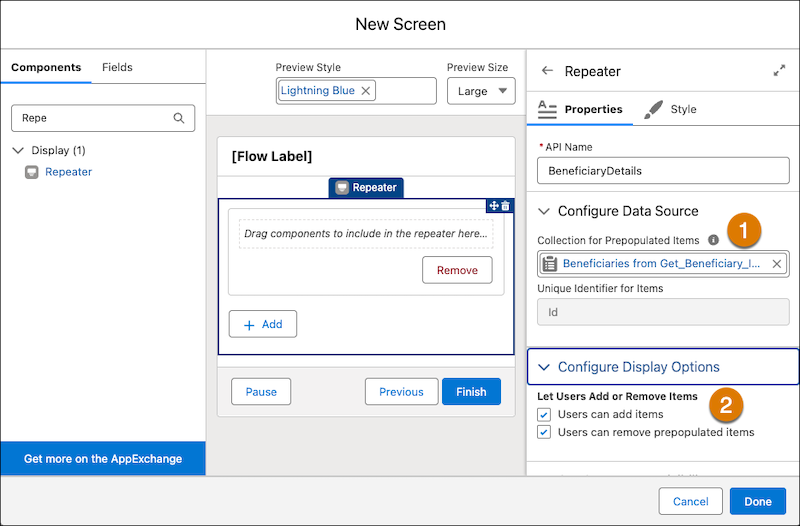 Éditeur des propriétés du composant répéteur avec une variable de collection sélectionnée pour la collection des éléments préremplis et toutes les cases à cocher sous Configurer les options d'affichage sélectionnées