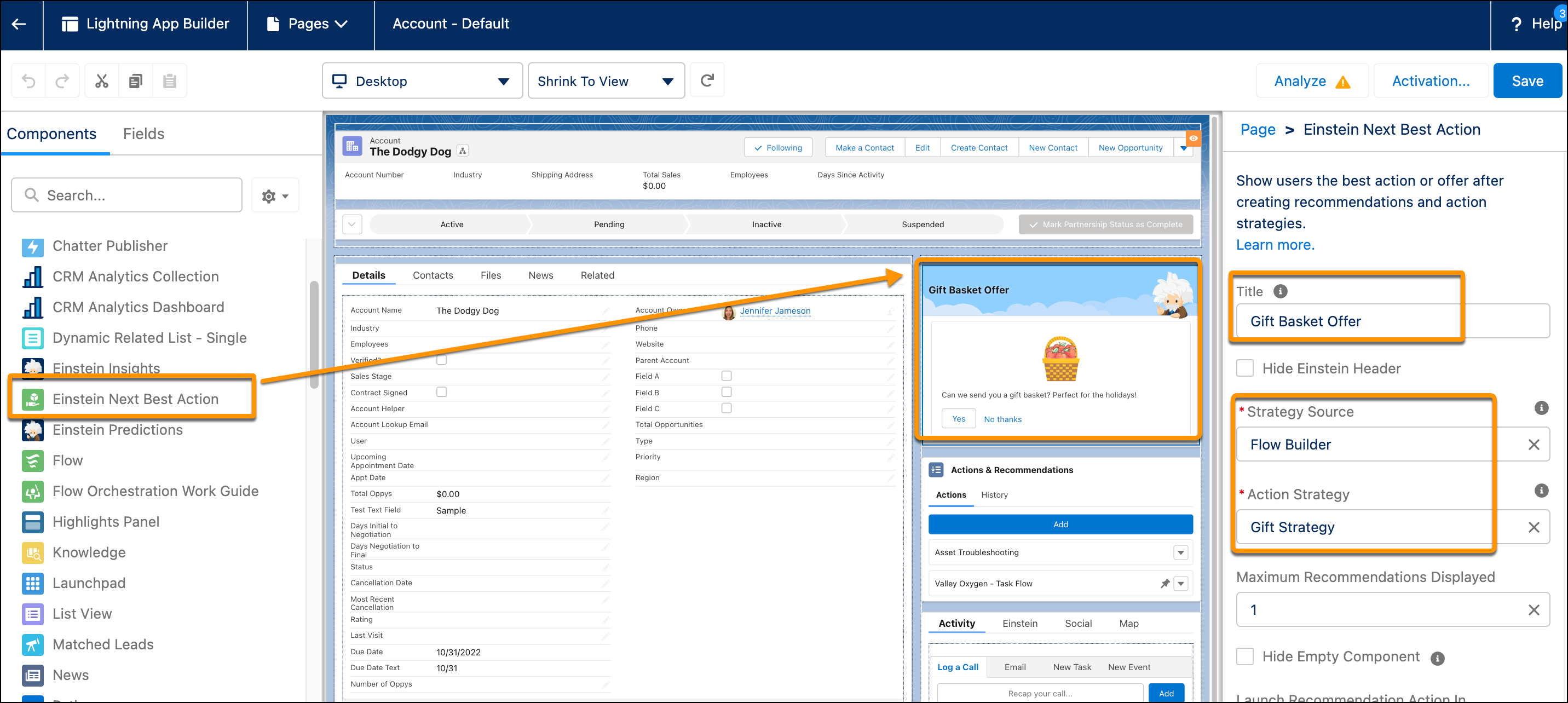 Aggiunta del componente Next Best Action nella pagina dell'account