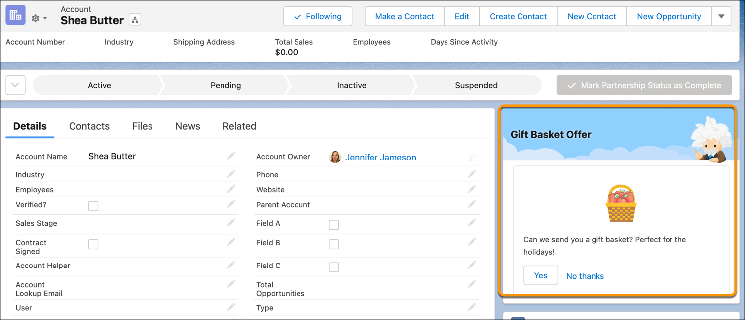 Pagina dell'account con componente Next Best Action