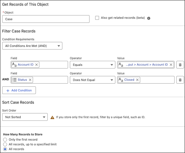 L'elemento Ottieni record in cui sono specificate due condizioni e Tutti i record è selezionato in Quanti record archiviare.