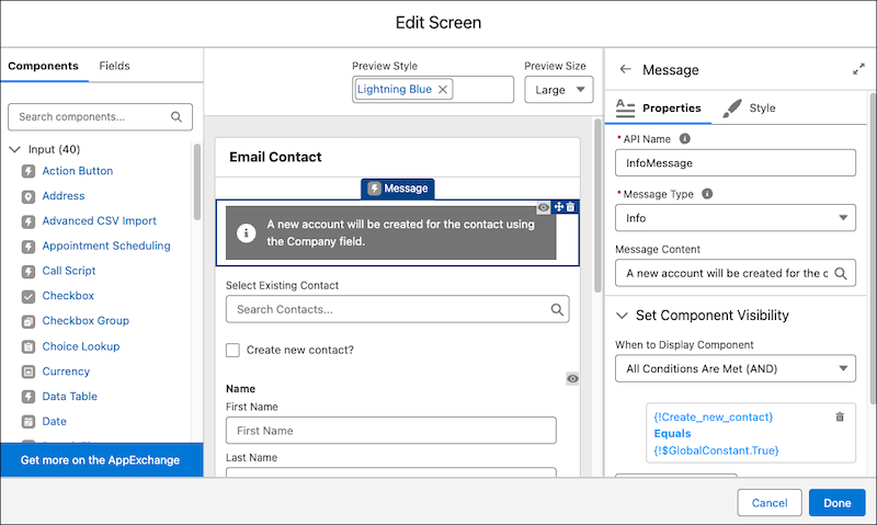 Configurazione del componente Messaggio
