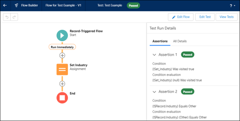 [テスト実行の詳細] の下にある [アサーション] タブが表示されている Flow Builder