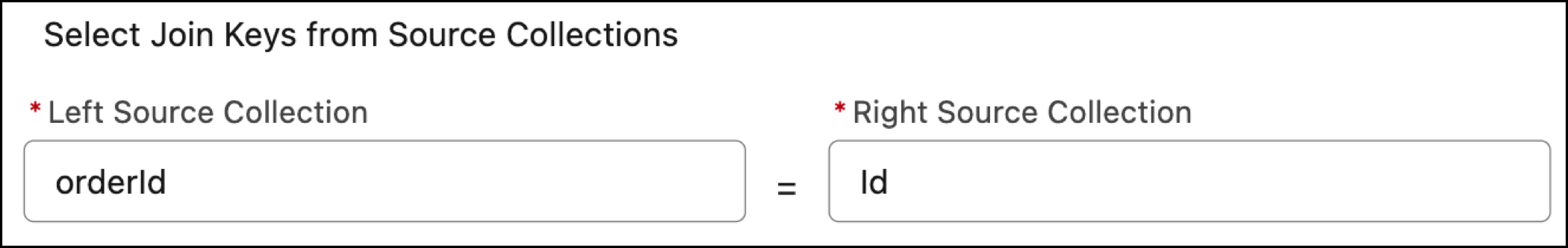 [左ソースコレクション] で orderId 項目が選択され、[右ソースコレクション] で [Id] 項目が選択されている [結合] パネルの [ソースコレクションから結合キーを選択] セクション