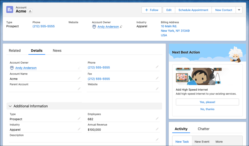 Einstein Next Best Action コンポーネントにおすすめが表示されているレコードページ。