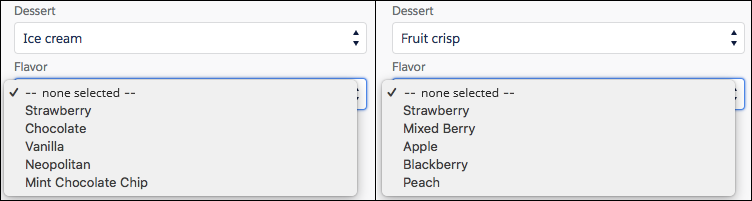 En komponent for en avhengig valgliste ved kjøretid, som tilbyr forskjellige Flavor-alternativer basert på hva flytbrukeren velger for Dessert.