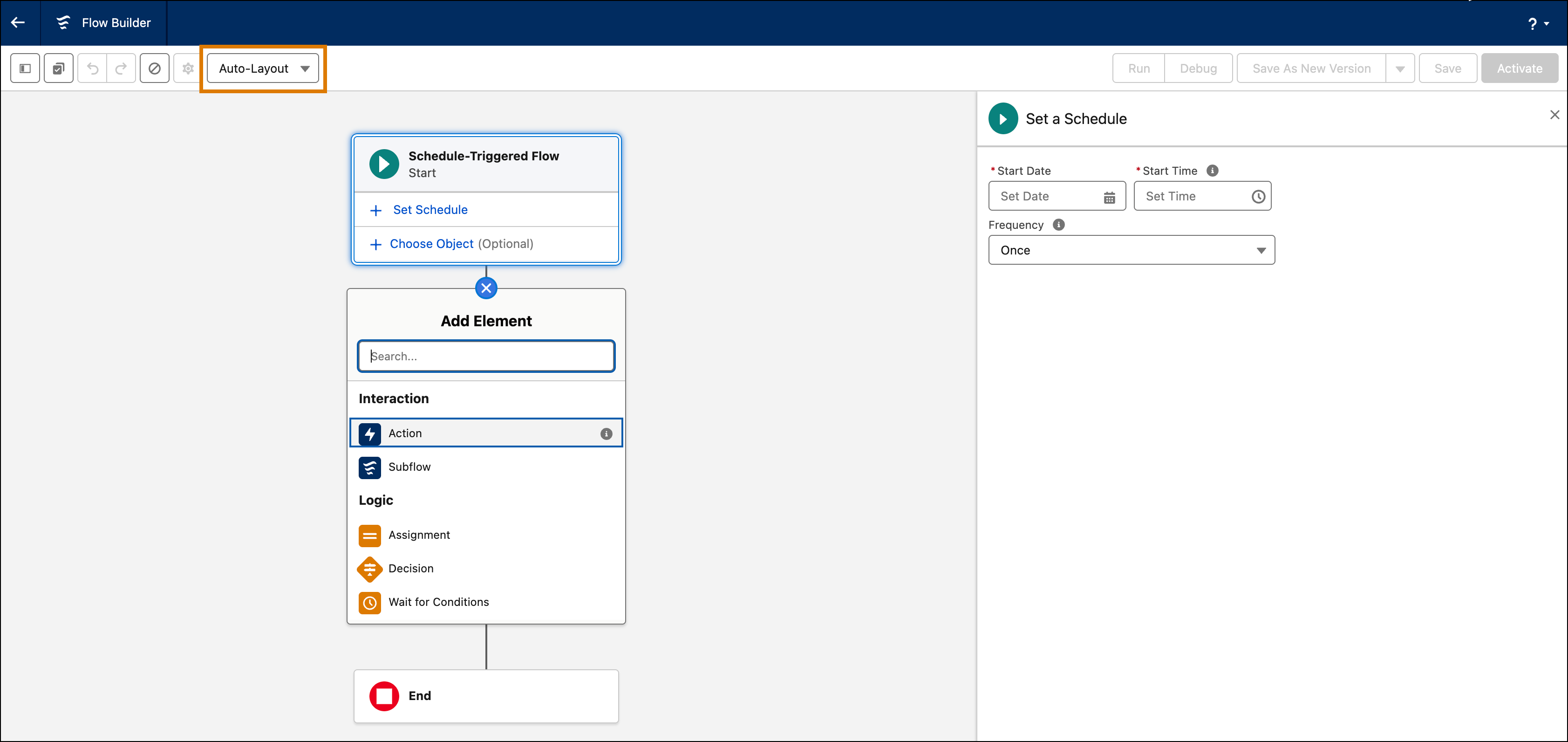 Flow Builder open in de automatische lay-outmodus.