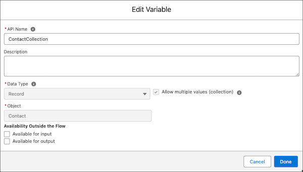 Verzamelingsvariabele voor contactpersoonsrecord