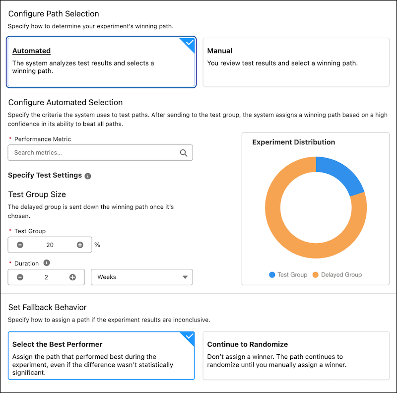 O painel de configuração de seleção de caminho automatizado