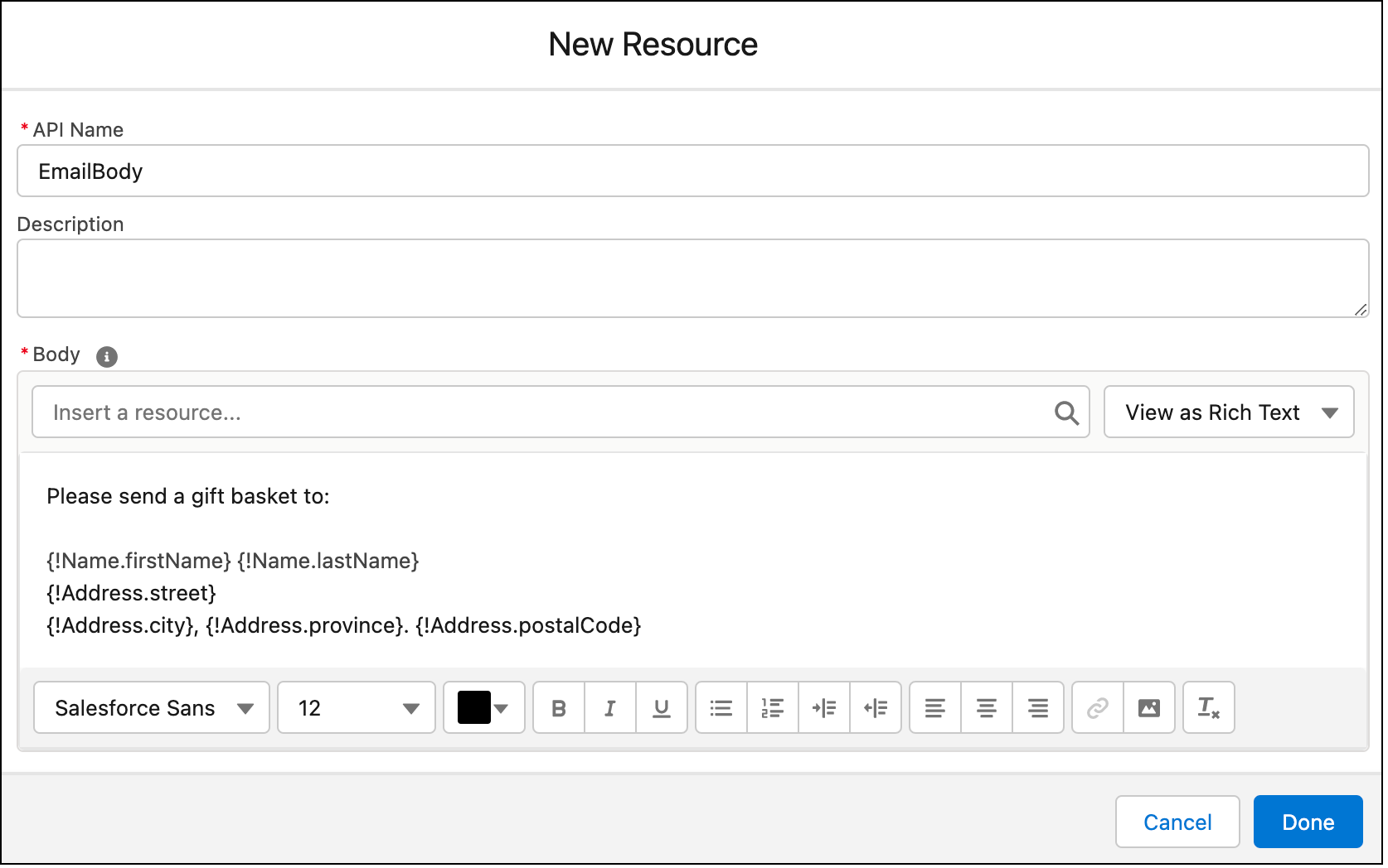 Janela Novo recurso mostrando a configuração da mensagem de email do departamento de envio