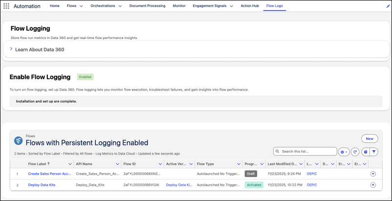 Automation Lightning 应用程序中的流日志选项卡