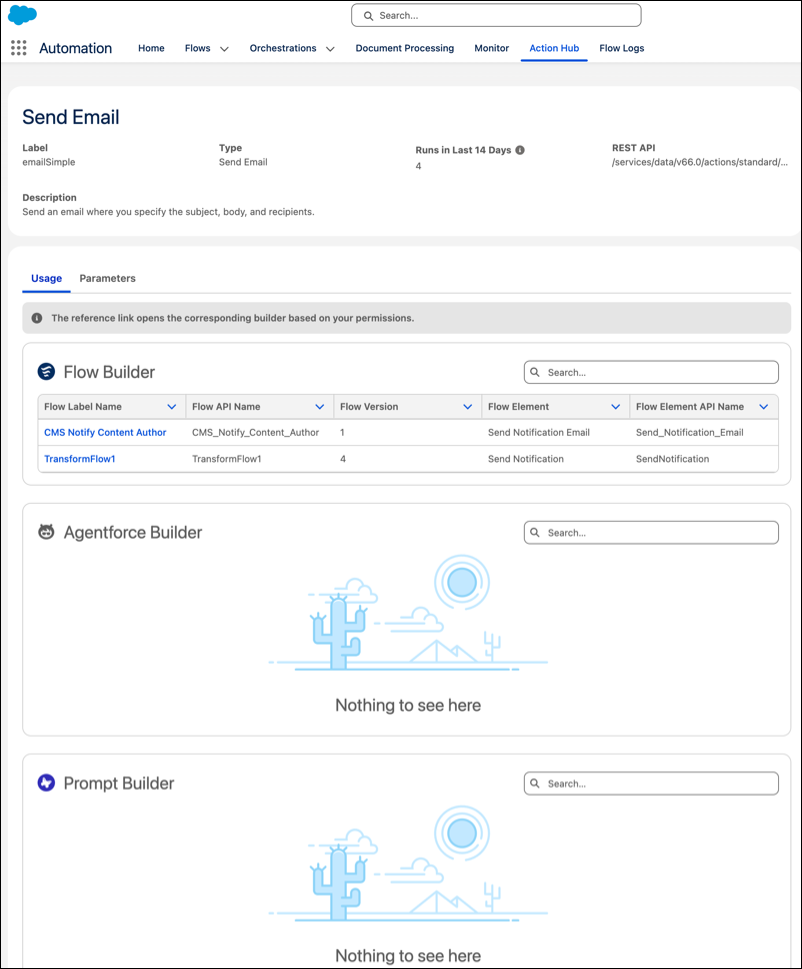Automation Lightning 应用程序中的操作中心选项卡详细信息页面