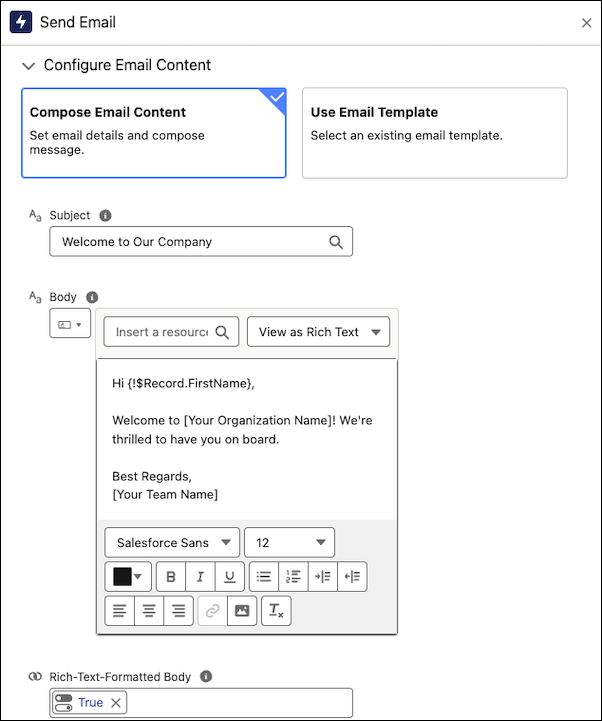 Konfiguration des Elements "E-Mail-Aktion senden" mit einem Beispiel-E-Mail-Nachrichtentext und dem Textkörper im Rich-Text-Format, der auf "Wahr" festgelegt ist.