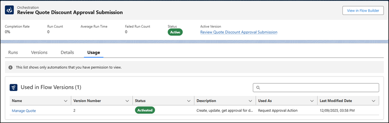 A list of flow versions that use a sample flow approval process version