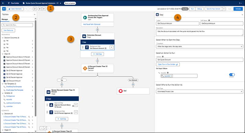 Flow Builder UI, showing four numbered sections