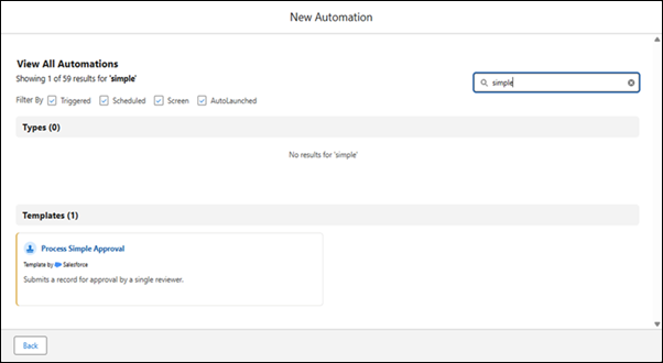 The Select Template window showing the Process Simple Approval template when Approval with Flow Orchestration is selected.