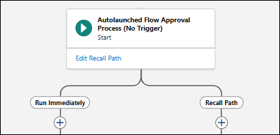 A start element in an autolaunched flow approval process with paths labeled Run Immediately and Recall Path.