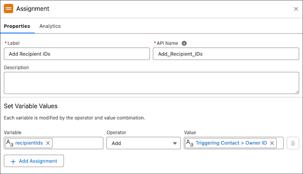 Assignment element panel showing the addition of IDs